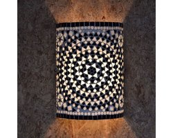 Oosterse mozaïek cilinder wandlamp | 26 cm | glas / metaal | zwart / wit | woonkamer lamp | traditioneel / landelijk design