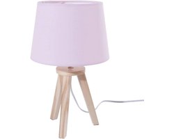 Oosterse Tafellamp met Houten Driepoot en Roze Kap, Sfeervolle Verlichting