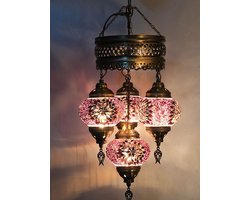 Oosterse Turkse lamp 4 bollen multicolour roze roos mozaiek kroonluchter