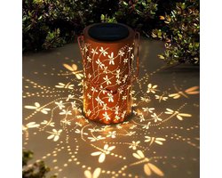 Op zonne-energie werkende hanglamp van smeedijzer met opengewerkte details geschikt voor balkons en tuinen, geschikt voor campers, terrassen, balkons, looppaden en gazons. Metalen LED-lamp op zonne-energie (libel) 20*12*12 cm