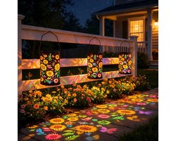 Op zonne-energie werkende metalen tuinlantaarn in de vorm van een blad, waterdicht, warmwitte LED, hangende solarverlichting, geschikt voor het opknappen van de tuin in de lente en het decoreren van het terras - kleurrijke zonnebloemen.