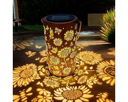 Op zonne-energie werkende metalen tuinlantaarn in de vorm van een blad, waterdicht, warmwitte LED-hanglamp, geschikt voor het opknappen van de tuin in de lente en het decoreren van het terras - warme zonnebloemkleur.