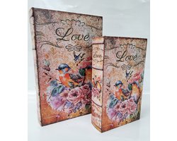 Opberg box met 2 vogels set van 2 love BKC132M2500 boekendoos - liefde opbergdoos - decoratie - vintage - deco - decoratieve boeken - doos boek - kasboek - dozen - kluizen boek - kist - decoratief - A PAIR OF CANVAS BOOK BOXES with love and birds