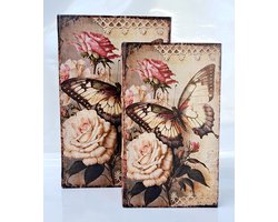 Opberg box vlinder met roos set van 2 BK139M2500 butterfly boekendoos - opbergdoos - decoratie - vintage - deco - decoratieve boeken - doos boek - kasboek - dozen - kluizen boek - kist - decoratief A PAIR OF CANVAS BOOK BOXES