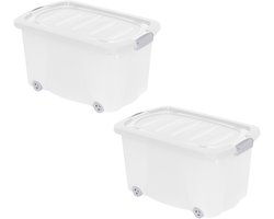 Opberg box/doos met wieltjes - 2x - kunststof - 60 x 39 x 32 cm - met deksel - opruimen - organiseren