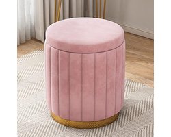 Opberg Poef - Voetenbankje Decoratie - Woonkamer Inrichting - Gouden Metalen Basis - 34x34x45 cm - Roze