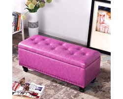 Opberg Poef - Zitbankje Kruk - Woonkamer Opbergen - Houten Frame Leer - 40x40x43cm