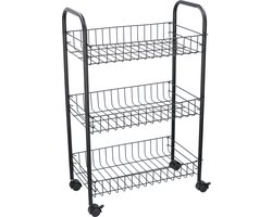Opberg trolley - zwart - staal - 3 manden - 60 cm - roltafel met wielen - Etagewagentje/karretje met opbergkratten