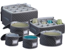 opbergand servies, 6-delige set, voor elk 12 borden, glazen, kopjes, gepolsterd, opberger, camping, grijs