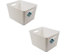 Opbergbakjes Lade Organizer | Set van 2 Witte Kunststof | 36 cm x 29.5 cm x 22 cm | 17 Liter elk | Rattan Mand Zonder Deksel Voor Woonkamer, Slaapkamer of Kinderkamer