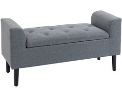 Opbergbank 116 x 44 x 58 cm, Lichtgrijs en Zwart, Polyester en Rubberhout, Zitbank met Opbergruimte, Gestoffeerde Bank, Halbank, Vensterbank, Bank met Klepdeksel, Linnenlook, Met Armleuningen, Ruime Opbergruimte, Voor Hal, Slaapkamer en Woonkamer