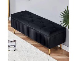Opbergbank Fluweel - Ottomaanse Poef - Extra Zitplaats - Gouden Poten - 80x40x45cm - Zwart