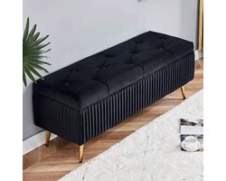 Opbergbank Fluweel - Ottoman Poef - Extra Zitting - Gouden Poten - 80x40x45cm - Zwart