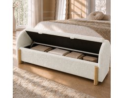 Opbergbank – Hydraulische Opbergruimte – 166 x 47 x 61 cm – Chenille-Bouclé en Hout – Wit – Binnen