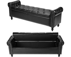 Opbergbank, met Knopen en Gerolde Armleuningen, PU-Leren Gestoffeerde Bank met Massief Houten Poten, Veelzijdige Schoenenbank voor De Hal, Woonkamer of Slaapkamer, Zwart