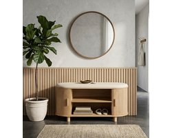 Opbergbank met Tambour Deuren - Japandi Halbank & Entreebank met Opbergruimte - Eiken Look - 90 cm