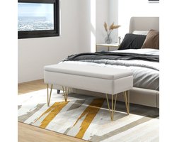 Opbergbank – Opbergbench – Slaapkamerbank – Poef – Zitbank – Linnenlook Bekleding – Stevig Metalen Frame – 100 x 40 x 49 cm – Crèmekleur