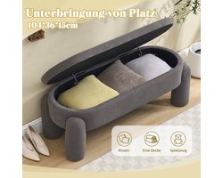 Opbergbank – Opbergbox – Zitbank – Halbank – Opbergkist – Grijze Chenille Stoffering – Stevig Houten Frame