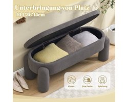 Opbergbank – Opbergbox – Zitbank – Halbank – Opbergkist – Grijze Chenille Stoffering – Stevig Houten Frame