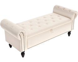 Opbergbank - Poef - Hocker - Opbergbank 133 cm – Ottomaanse Bank met Opbergruimte – Fluwelen Zitbank met Klep – Halbank / Slaapkamer Bank – Beige