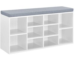Opbergbank, Schoenenbank met opbergruimte, multifunctionele zitbank, voorzien van een grijs kussen en 10 open vakken, geschikt voor hal en slaapkamer, praktisch en handig, 103,5×29,5×48 cm, wit.
