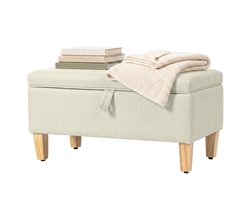 Opbergbank - voetenbankje voor aan het voeteneinde van het bed - met linnen beklede voetensteun met poten van rubberhout - 71x37x36cm - beige