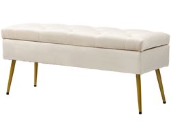 Opbergbank – Zitbank – Halbank – Opbergbox – Poef – Fluwelen Bekleding – Metalen Frame – 102x35x43 cm – Beige