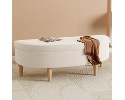 Opbergbank – Zitbank – Opbergkist – Bankje – Halbank – Witte Fleece Bekleding – Massief Dennenhouten Poten