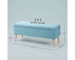 Opbergbank – Zitbank – Opbergkist – Poef – Bankje – Bekleed met Linnen Look – Afmetingen 110 x 39 x 45 cm – Rubberhout Frame – Blauw