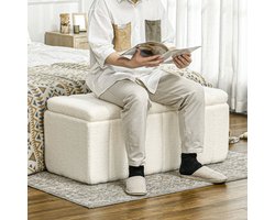 Opbergbankje – Zitbank – Bankje – Halbank – Opbergbox – Crème Wit Teddy Fleece – Houten Pootjes – 102x45x46 cm – Met Verstopte Opbergruimte