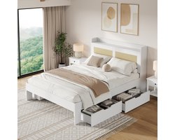 Opbergbed 140*200cm, tweepersoonsbed, functioneel bed, massief houten bed met rotan decor, laden, met opbergruimte, zonder matras, geschikt voor volwassenen en tieners, wit