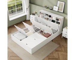Opbergbed 140*200cm, tweepersoonsbed, functioneel bed, massief houten bed, met USB-aansluiting, met opbergbox onder het bed, met opbergruimte, zonder matras, wit