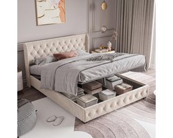 Opbergbed 140x190 cm - Beige Fluwelen Tweepersoonsbed met Hydraulisch Opbergsysteem en Ruime Opbergruimte Onder het Bed - Gestoffeerd Hoofdbord met Knoopstitching