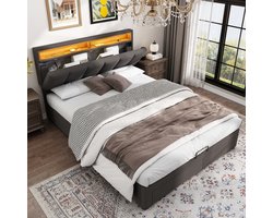 Opbergbed 140x190 cm grijs linnen met LED-hoofdbord, opbergruimte aan hoofd- en voeteneinde en bedkast onder het ligvlak