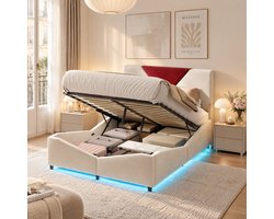 Opbergbed 140x190 cm met opbergruimte, Tweepersoonsbed met ledverlichting en lattenbodem, Gestoffeerd bed met hydraulische opbergruimte, fluweel Beige