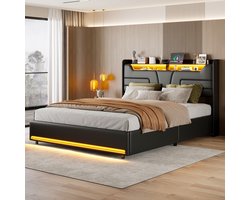 Opbergbed 140x190 cm – Tweepersoonsbed met Gaslift en Opbergruimte, LED Verlichting Hoofdbord en Voeteneinde, Hoofdbord met Oplaadfunctie – PU Leer Zwart