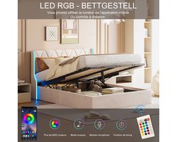 Opbergbed 140x190cm | LED-verlichting aan beide zijden van het hoofdeinde, modern en comfortabel tweepersoonsbed met ruime opslagruimte, Beige