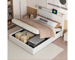 Opbergbed 140x200 Beige – Gestoffeerd Linnen Bed met USB & Type-C – Tweepersoonsbed met Opbergruimte en Hoofdbord – Lattenbodem