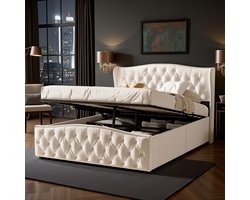 Opbergbed 140x200 cm - ADFBL - Gecapitonneerd Bed met Opbergruimte - Fluweel Crème - Luxe Hoofdbord met Siernagels - Hydraulische Lattenbodem - Beige