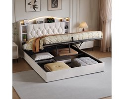 Opbergbed 140x200 cm Beige Fluweel – Gasveer, LED Hoofdbord met USB & Opbergruimte, Verstelbaar Hoofdbord