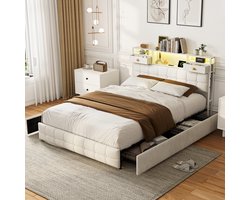 Opbergbed 140x200 cm beige fluweel met 4 lades, LED-verlichting en USB-oplaadpoort, gestoffeerd tweepersoonsbed