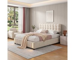 Opbergbed 140x200 cm beige fluweel met gaslift, LED-voetbordverlichting en ruime opbergruimte, gestoffeerd tweepersoonsbed