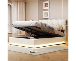 Opbergbed 140x200 cm beige fluweel met LED-bodemverlichting en hydraulische opbergruimte, gestoffeerd tweepersoonsbed