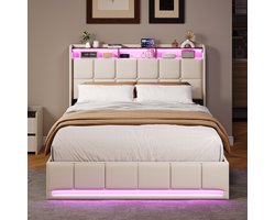 Opbergbed 140x200 cm Beige – Gestoffeerd Tweepersoonsbed met Gasveer, LED Hoofd- en Voetbord, USB/Type-C Oplaadpoort – Linnen Bedframe
