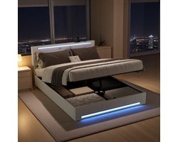 Opbergbed 140x200 cm beige linnen met gaslift, LED-verlichting aan hoofd- en voeteneinde, USB-oplaadpunt en ruime opbergruimte, gestoffeerd tweepersoonsbed