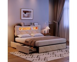 Opbergbed 140x200 cm – Beige Velours Gestoffeerd Tweepersoonsbed met 4 Lades, Hoofdbord met Opbergruimte en USB