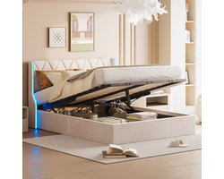 Opbergbed 140x200 cm Fluwelen Bedframe met Hydraulisch Opslagsysteem en LED-verlichting in Hoofdbord, Comfortabel Slaapbed voor de Slaapkamer – Beige