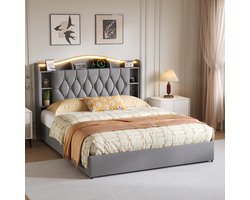 Opbergbed 140x200 cm Grijs Fluweel – Gasveer, LED Hoofdbord met USB & Opbergruimte, Verstelbaar Hoofdbord