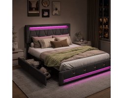 Opbergbed 140x200 cm grijs linnen met 4 lades, LED-verlichting, USB-oplaadpoort en opbergruimte, gestoffeerd tweepersoonsbed