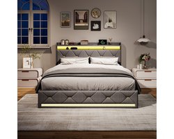 Opbergbed 140x200 cm grijs linnen met LED-verlichting, draadloos opladen en hydraulische opbergruimte, comfortabel gestoffeerd tweepersoonsbed